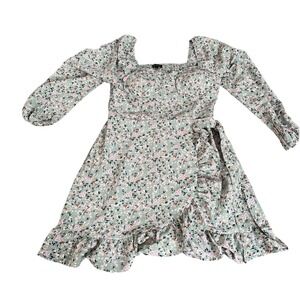 AS U Wish Women's Floral Mini Dress‎ Long Sleeve  Ruffle Hem Sage L NWT